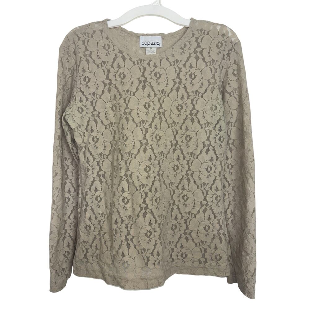 Vtg 90s Capezio Lace Floral Sheer Nude Long Sleeve Top Stretch M USA